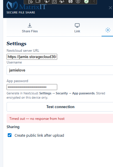 Secure Share settings screen