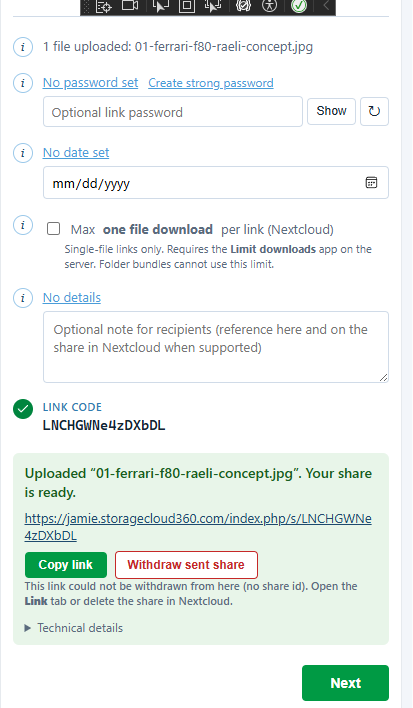 MatrixIT Secure Share success screen